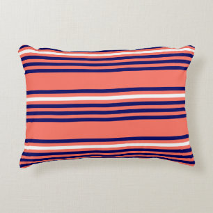 Coral, navy blue and white five stripes pattern decorative cushion