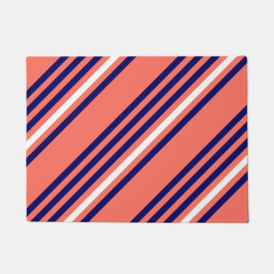 Coral, navy blue and white five stripes pattern doormat