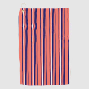 Coral, navy blue and white five stripes pattern golf towel