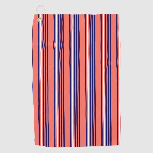 Coral, navy blue and white five stripes pattern golf towel (Front)