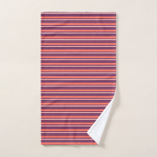 Coral, navy blue and white five stripes pattern hand towel