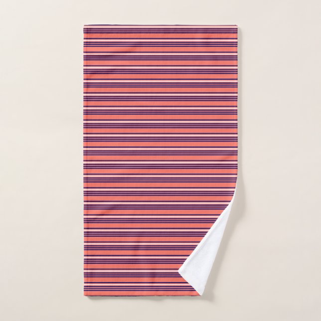 Coral, navy blue and white five stripes pattern hand towel (Hand Towel)