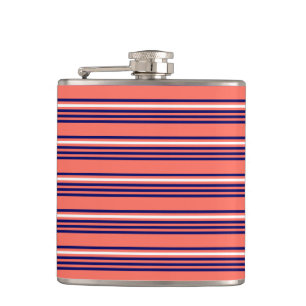 Coral, navy blue and white five stripes pattern hip flask