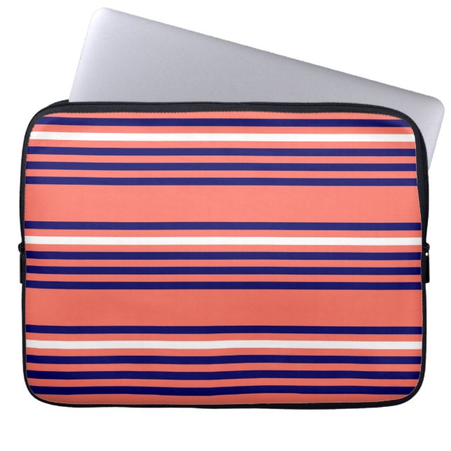 Coral, navy blue and white five stripes pattern laptop sleeve (Front)