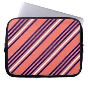Coral, navy blue and white five stripes pattern laptop sleeve