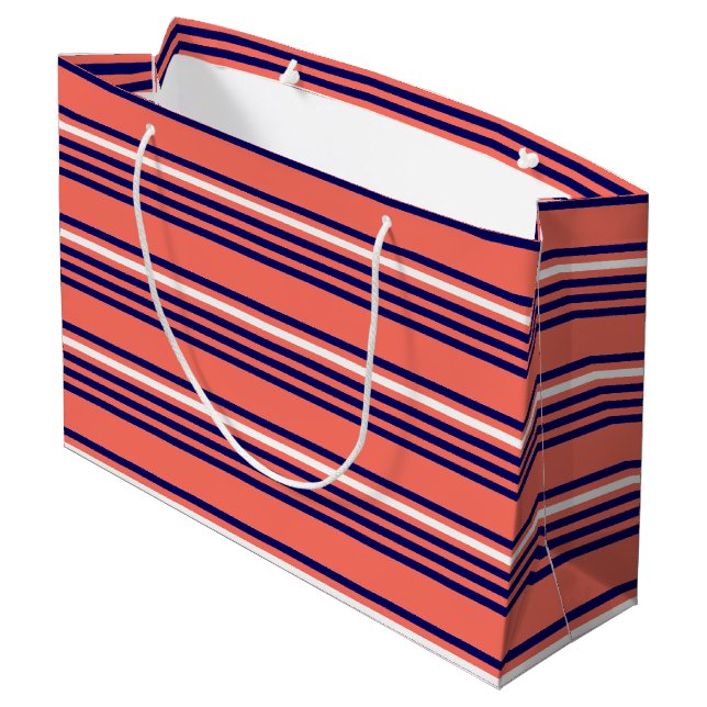 Coral, navy blue and white five stripes pattern large gift bag (Back Angled)