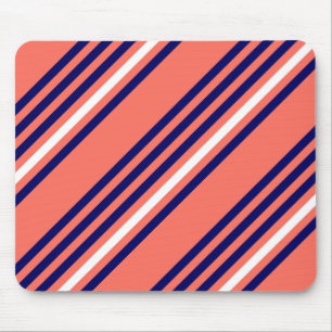 Coral, navy blue and white five stripes pattern mouse mat