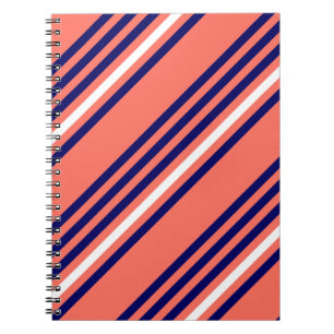 Coral, navy blue and white five stripes pattern notebook