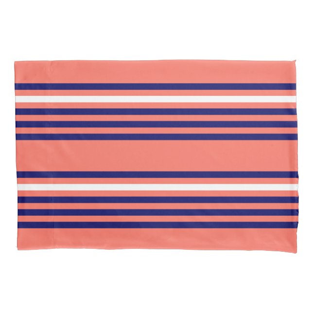 Coral, navy blue and white five stripes pattern pillowcase (Front)