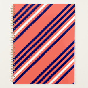 Coral, navy blue and white five stripes pattern planner