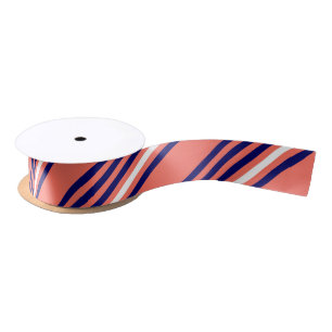Coral, navy blue and white five stripes pattern satin ribbon