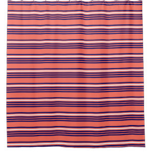 Coral, navy blue and white five stripes pattern shower curtain