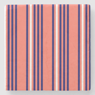 Coral, navy blue and white five stripes pattern stone coaster
