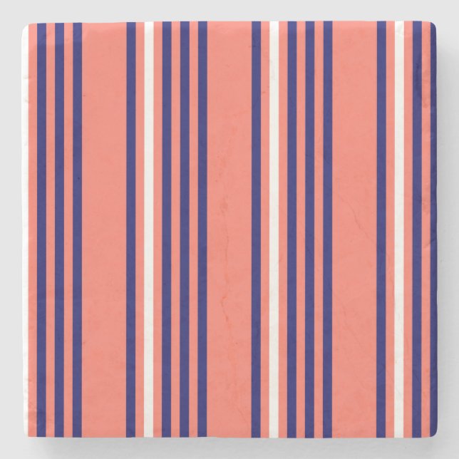 Coral, navy blue and white five stripes pattern stone coaster (Front)