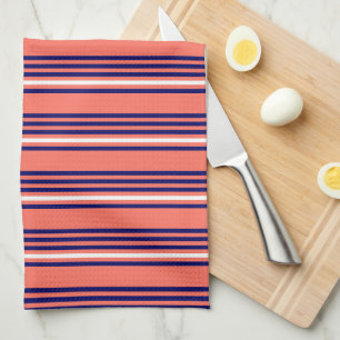 Coral, navy blue and white five stripes pattern tea towel