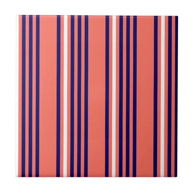 Coral, navy blue and white five stripes pattern tile (Front)