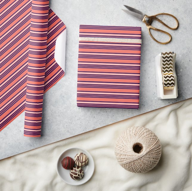 Coral, navy blue and white five stripes pattern wrapping paper (Crafts)