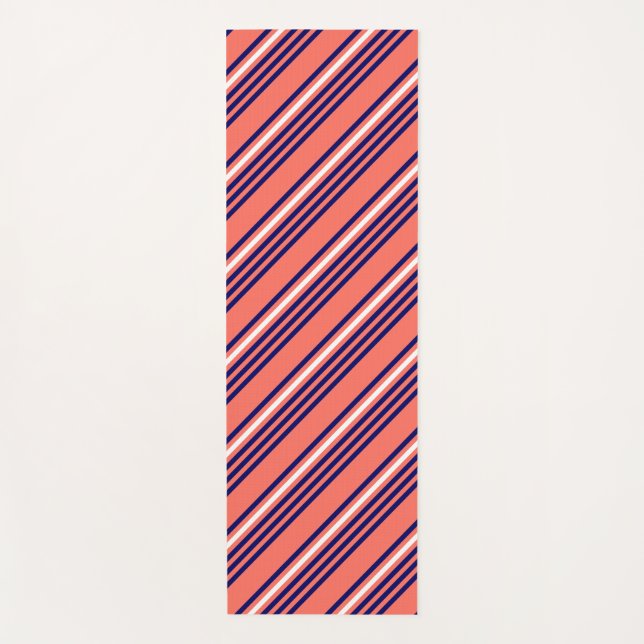 Coral, navy blue and white five stripes pattern yoga mat (Front)