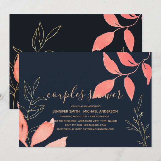Coral Navy Blue Gold Wedding Couples Bridal Shower Invitation (Front/Back)