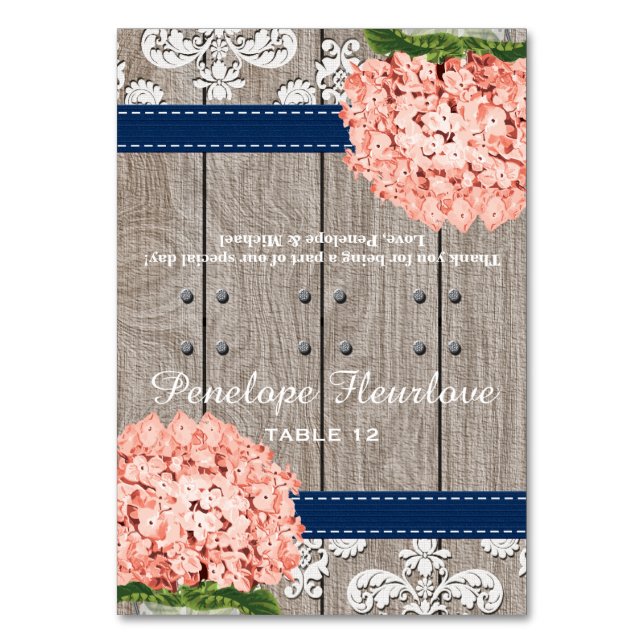Coral Navy Blue Hydrangea DIY Tent Place Card (Front)