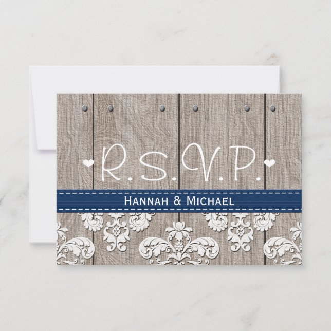 Coral Navy Blue Hydrangea Wedding RSVP Card (Front)
