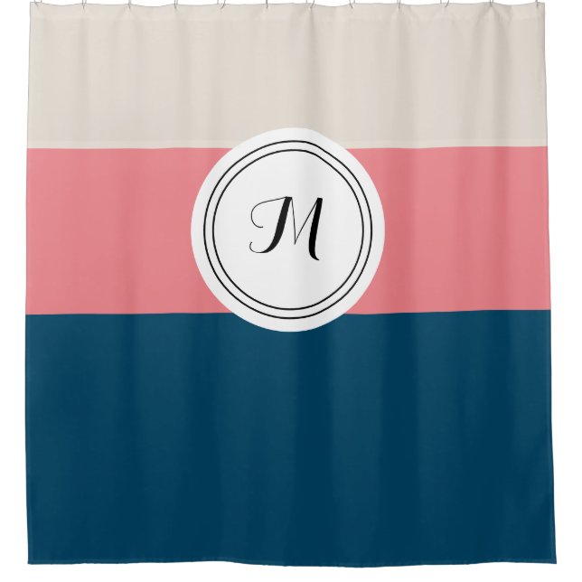 Coral Navy Blue Modern Monogram Shower Curtain (Front)