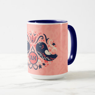 Coral Navy Blue Monogrammed Folk Art Birds Decor Mug