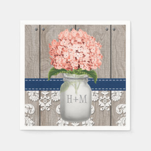 Coral Navy Blue Monogrammed Hydrangea Mason Jar Napkin