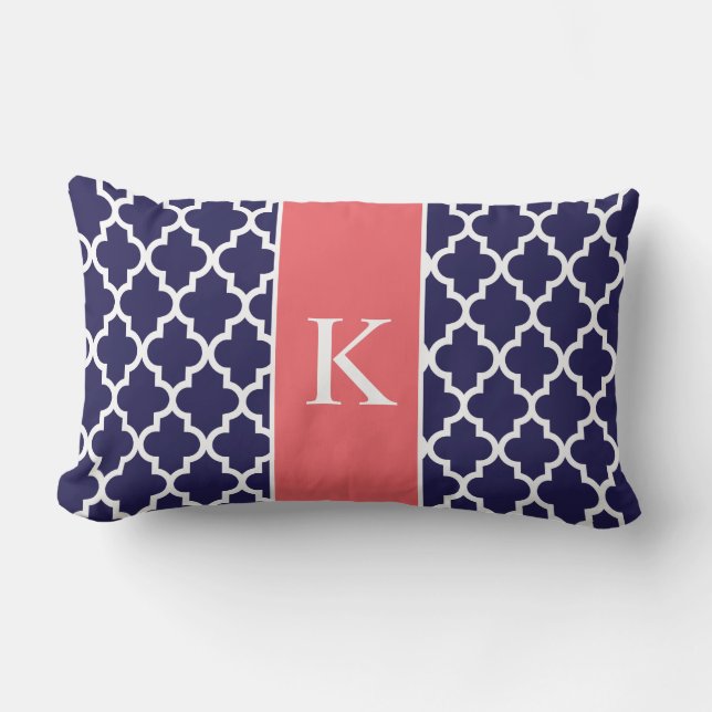 Coral Navy Blue Moroccan Custom Monogram Lumbar Cushion (Front)