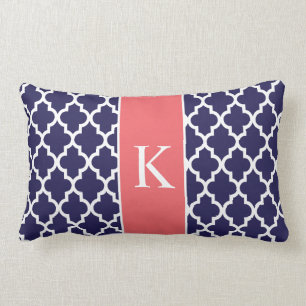 Coral Navy Blue Moroccan Custom Monogram Lumbar Cushion
