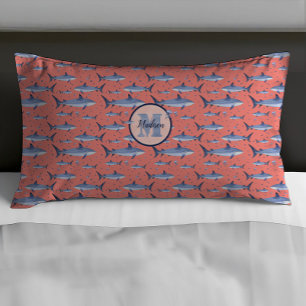 Coral & Navy Blue Name + Watercolor Monogram Shark Pillowcase