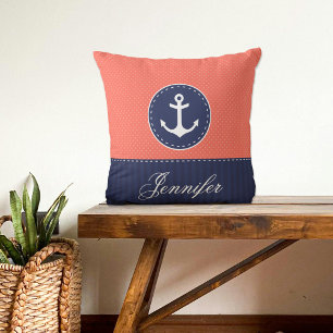 Coral Navy Blue Nautical Anchor Design Custom Name Cushion