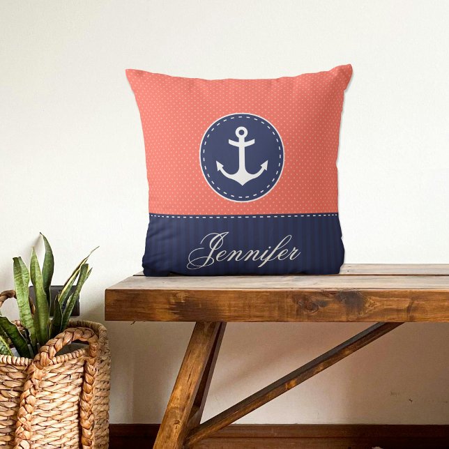 Coral Navy Blue Nautical Anchor Design Custom Name Cushion (Creator Uploaded)
