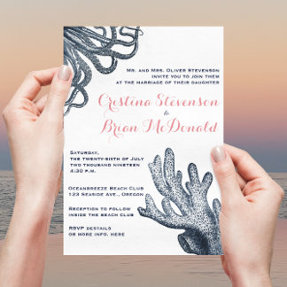 Coral & Navy Blue Sea Creature Nautical Wedding Invitation