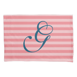 Coral navy blue striped monogram letter pillowcase