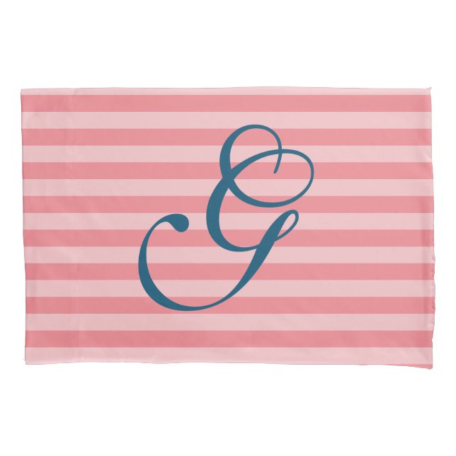 Coral navy blue striped monogram letter pillowcase (Front)