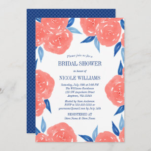 Coral Navy Blue Watercolor Flowers Bridal Shower Invitation