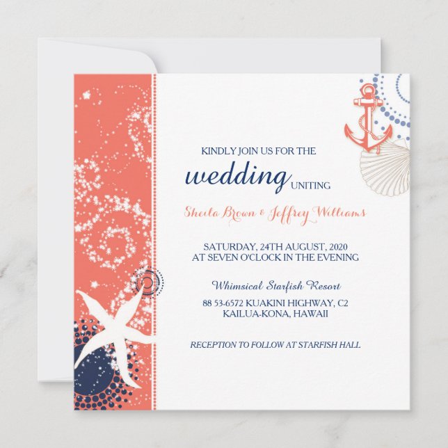 Coral Navy Blue White Nautical Wedding Invitation (Front)