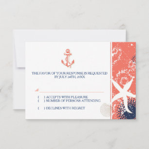 Coral Navy Blue White Nautical Wedding RSVP Card