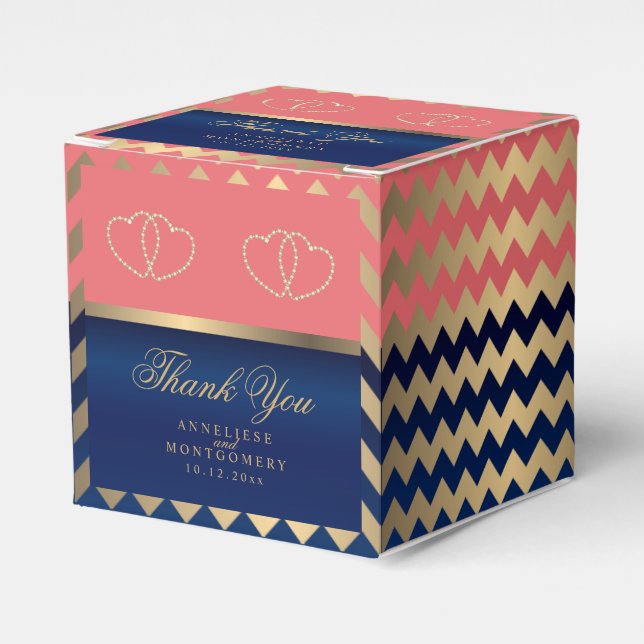 Coral & Navy Blue with Gold Hearts 2 Favour Box (Front Side)