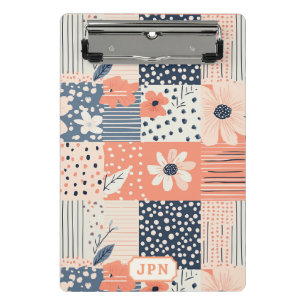 Coral Navy Floral Patchwork Quilt Pattern Mini Clipboard