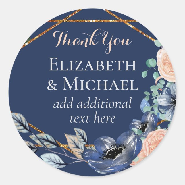 Coral Navy Floral Wedding Favour Classic Round Sticker (Front)