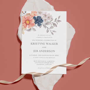 Coral & Navy Flowers   Elegant Botanical  Invitati Invitation