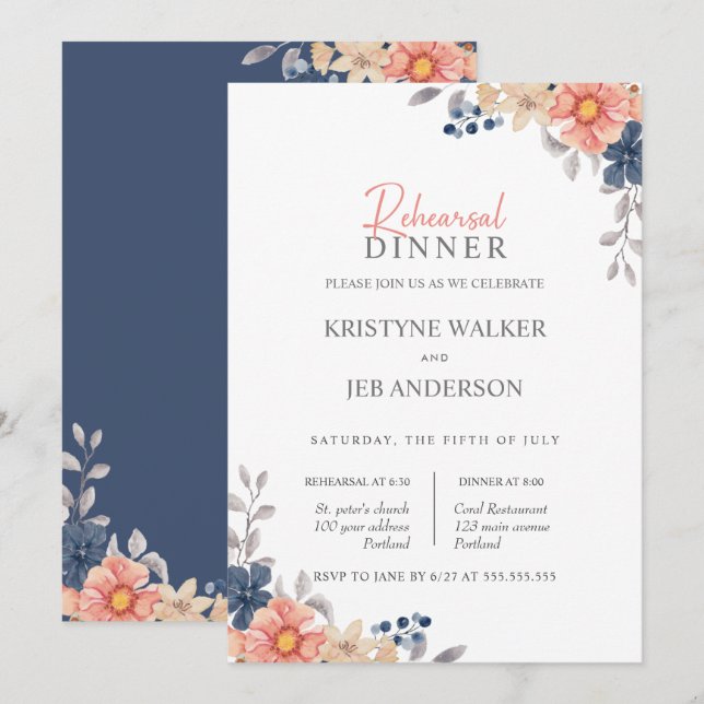 Coral & Navy Flowers Elegant Rehearsal Dinner  Invitation (Front/Back)
