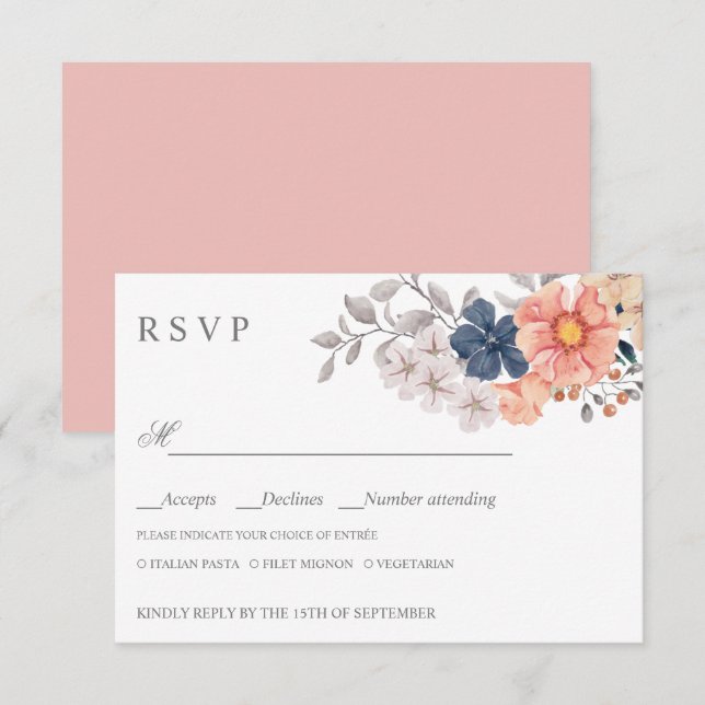 Coral Navy Flowers WEDDING RSVP MEAL CHOICE (Front/Back)