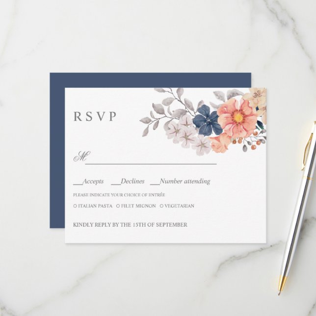Coral Navy Flowers WEDDING RSVP MEAL CHOICE Card (Front/Back In Situ)
