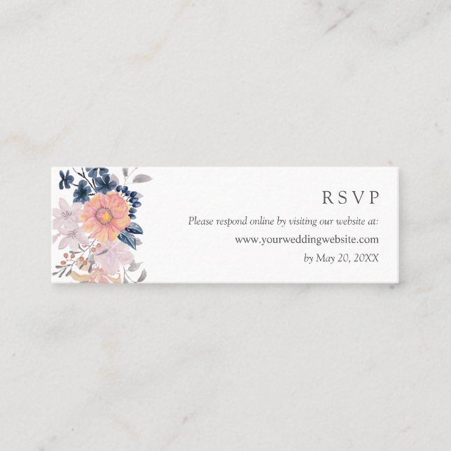 Coral & Navy Flowers Wedding RSVP Online Website  Mini Business Card (Front)