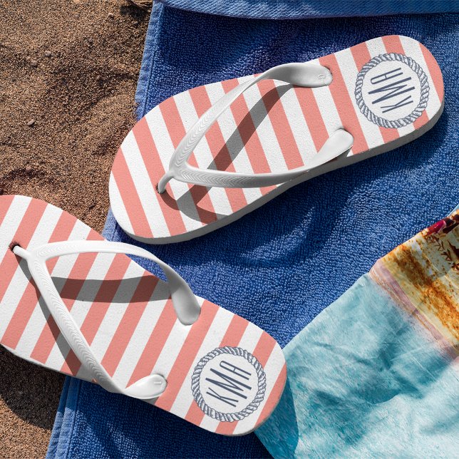 Coral & Navy Nautical Stripe Preppy Monogram Flip Flops (Creator Uploaded)