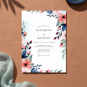 Coral & Navy Painterly Floral Wedding Invitation