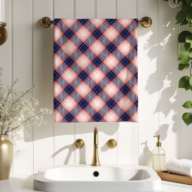 Coral Navy Plaid Towel Birthday Gift with Style (Tartan Bath Towel Coral Navy Gift for Birthdays)
